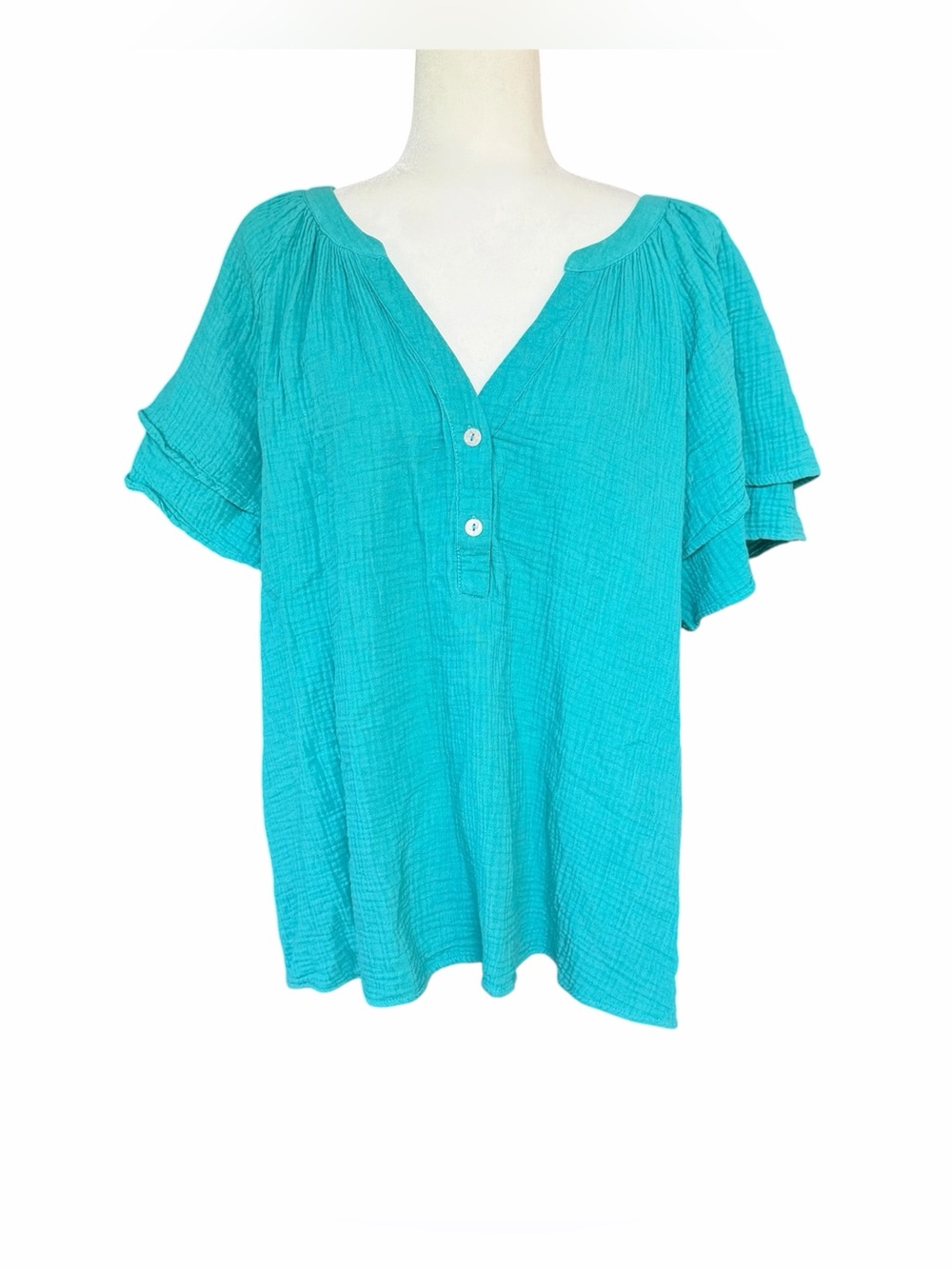 Joie Women's Turquoise Gauze Cotton Short Sleeve Blouse Size 1X Button Front Top